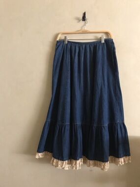 Vintage Blue Denim Maxi Skirt with Lace Trim